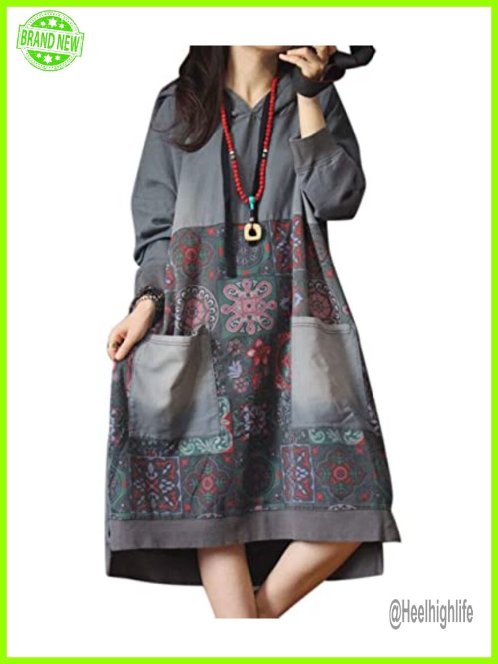 YESNO Women's Long Hooded Sweatshirt Dress Ethnic Floral Print Pullover